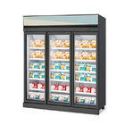 Tres puertas de cristal exhiben el refrigerador y los congeladores comerciales del congelador